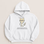 White hoodie with cartoon cat wearing glasses and lab coat.