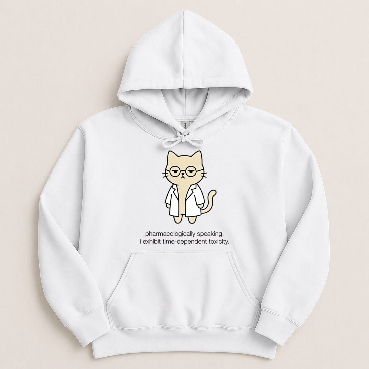 White hoodie with cartoon cat wearing glasses and lab coat.