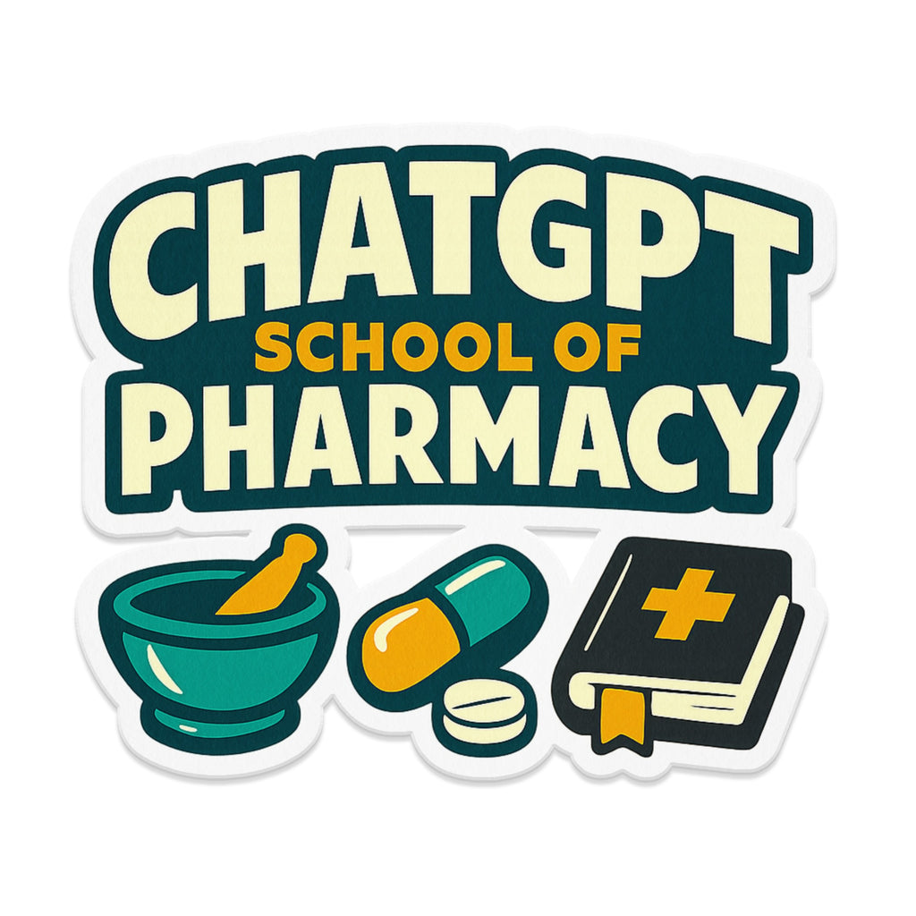 ChatGPT School of Pharmacy logo with mortar, pestle, pill, and book.