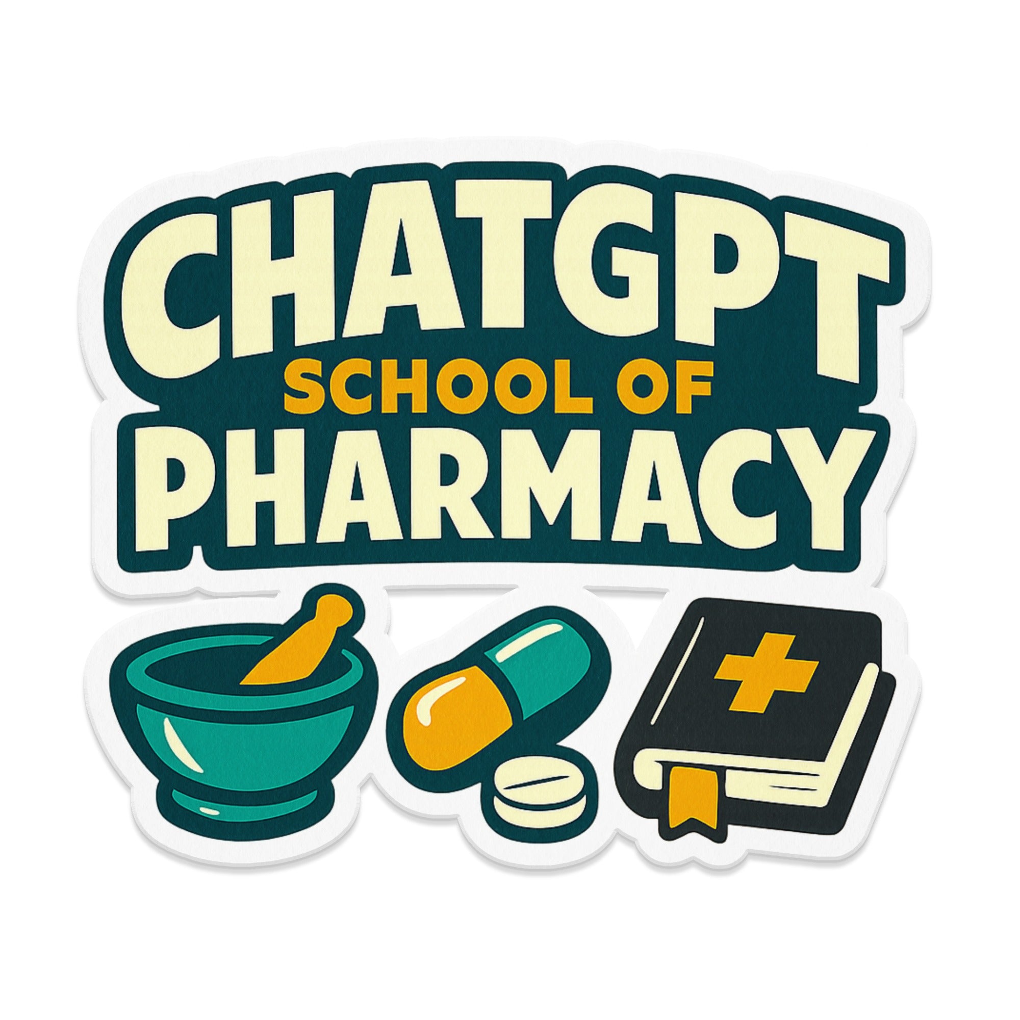 ChatGPT School of Pharmacy logo with mortar, pestle, pill, and book.