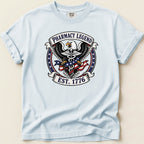T-shirt with eagle, American flag, and "Pharmacy Legend Est. 1776" text.