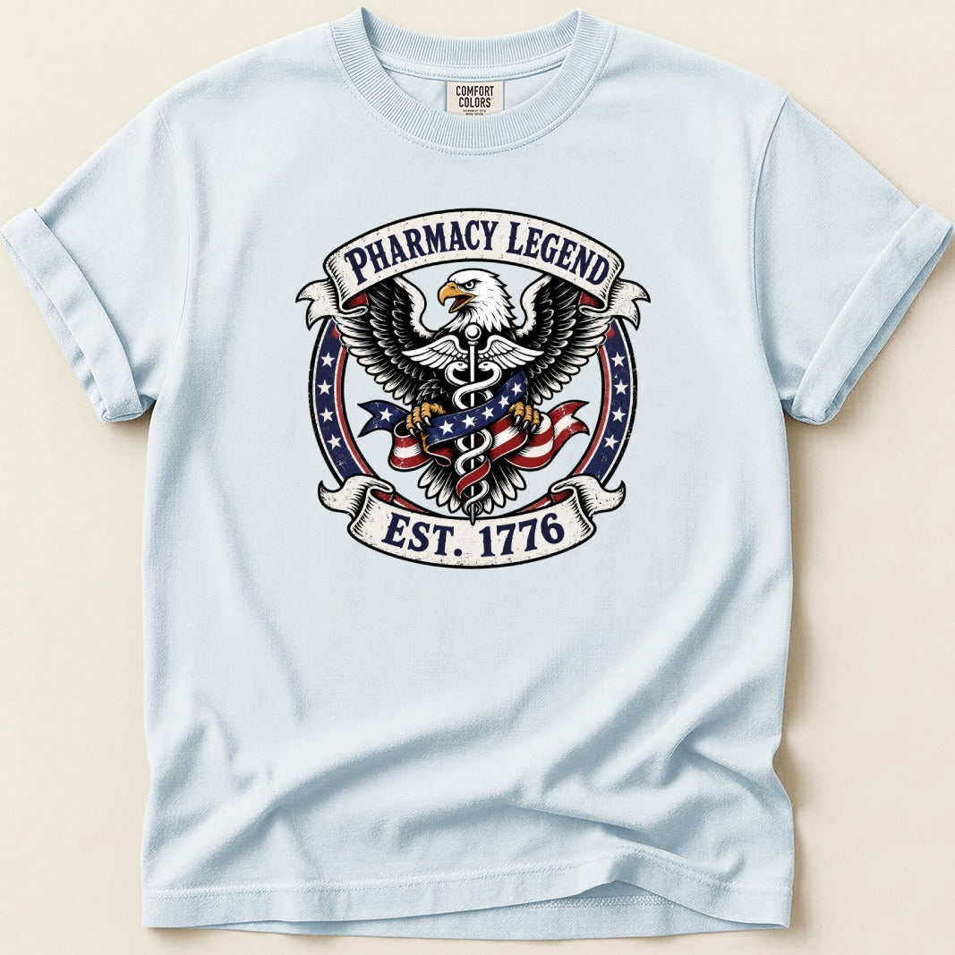 T-shirt with eagle, American flag, and "Pharmacy Legend Est. 1776" text.