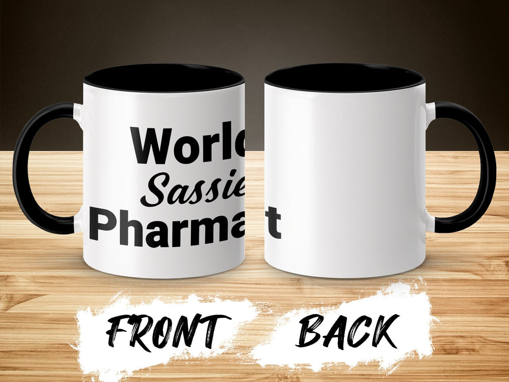 White mug with black interior and handle, "World's Sassiest Pharmacist" text.