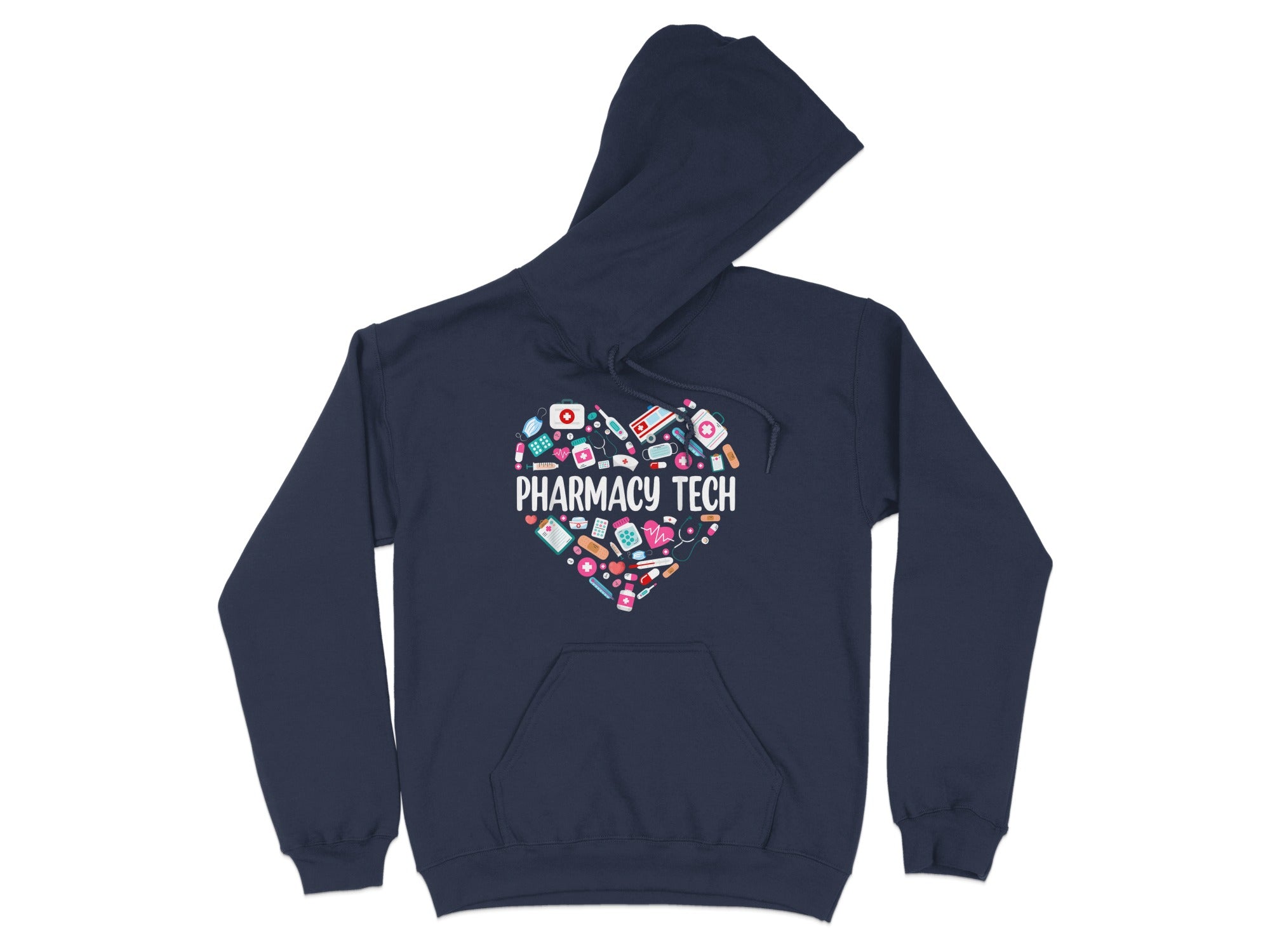 Navy hoodie with heart graphic filled with pharmacy icons and "Pharmacy Tech" text.