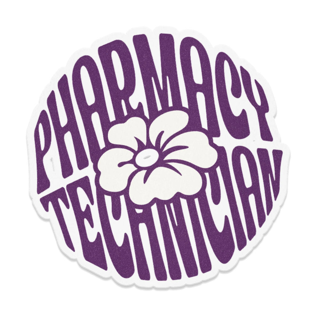 Purple text reads "Pharmacy Technician" with a white flower design.