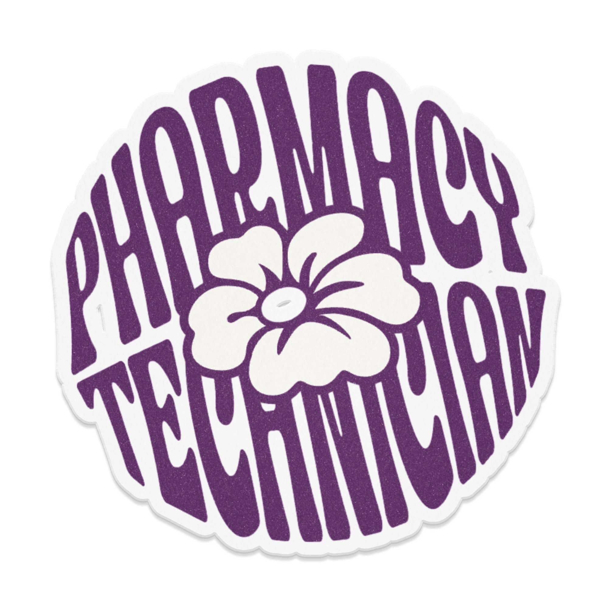 Purple text reads "Pharmacy Technician" with a white flower design.