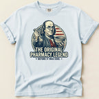 Benjamin Franklin holding a mortar and pestle with "The Original Pharmacy Legend" text.