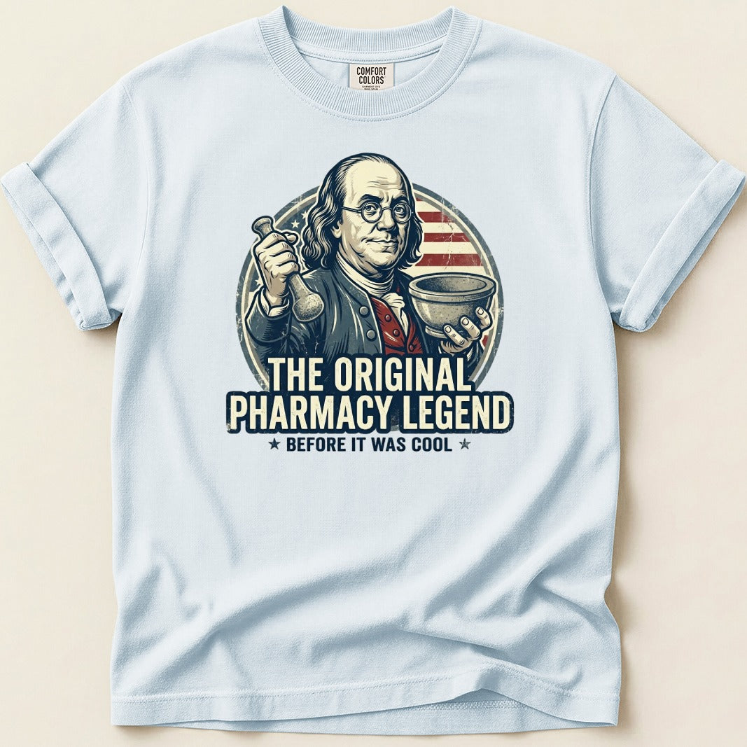 Benjamin Franklin holding a mortar and pestle with "The Original Pharmacy Legend" text.