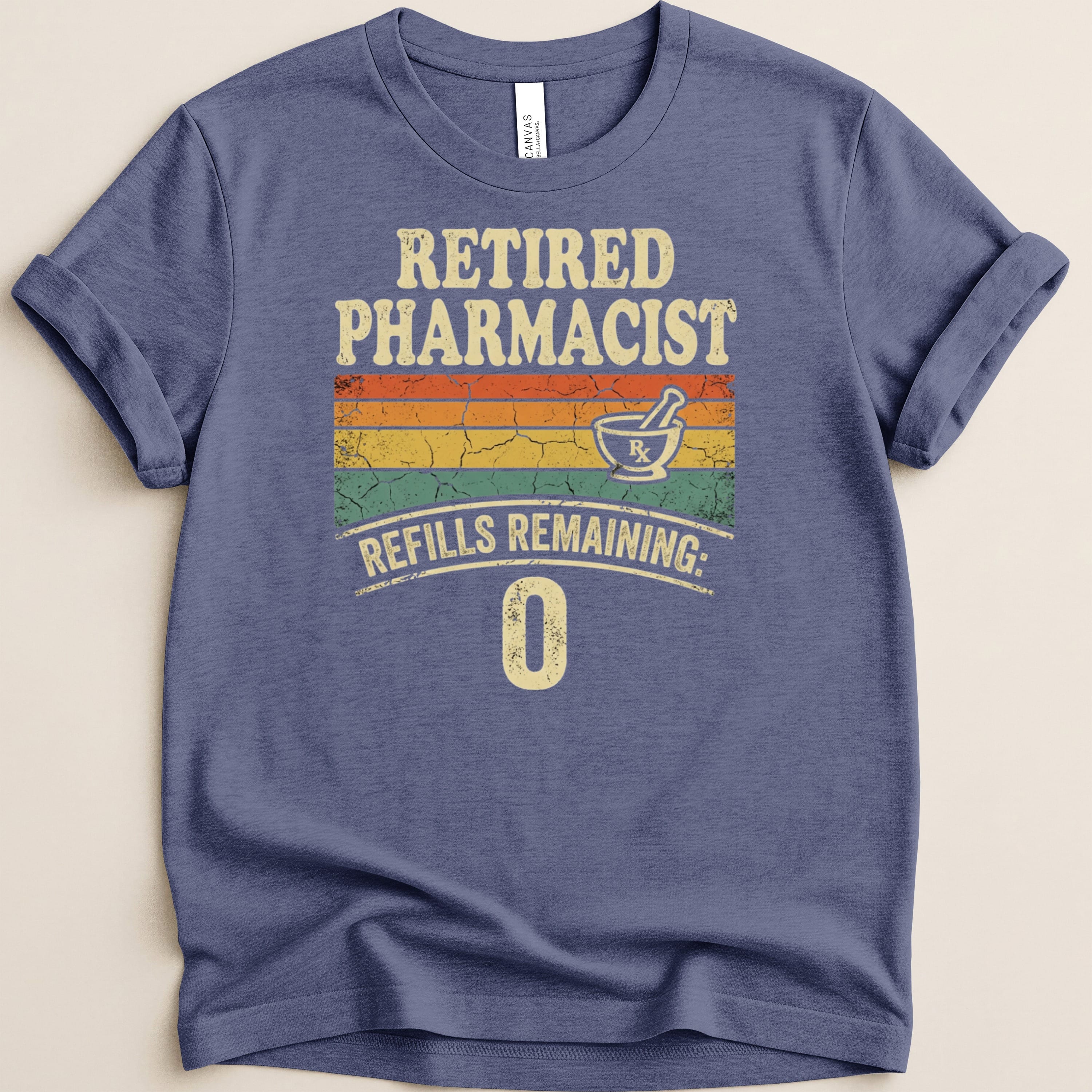 Retired pharmacist t-shirt with "Refills Remaining: 0" and mortar and pestle graphic.
