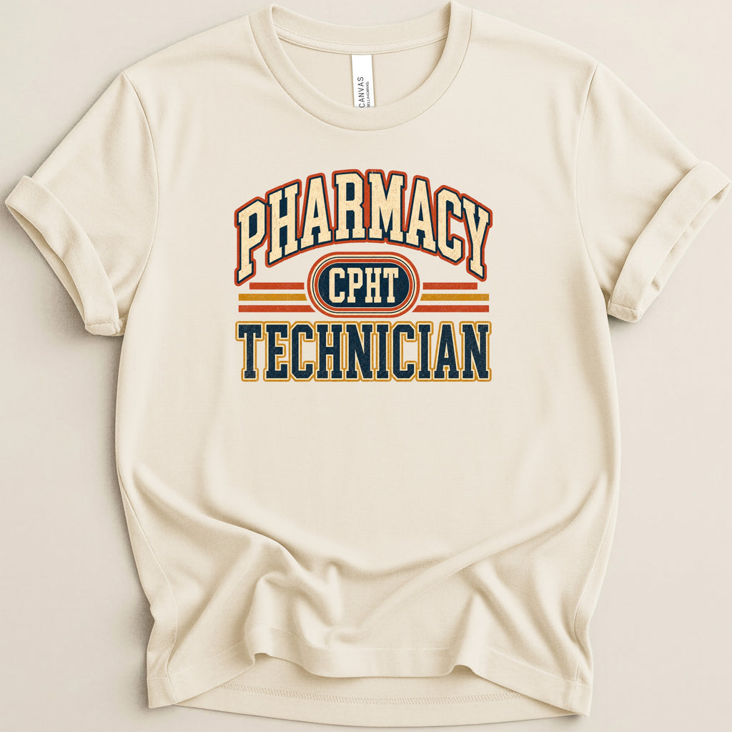 Cream t-shirt with "Pharmacy Technician CPHT" text in collegiate style.