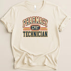 Cream t-shirt with "Pharmacy Technician CPHT" text in collegiate style.