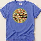 Circular graphic with RX, pills, and mortar and pestle for Pharmacy Technician.