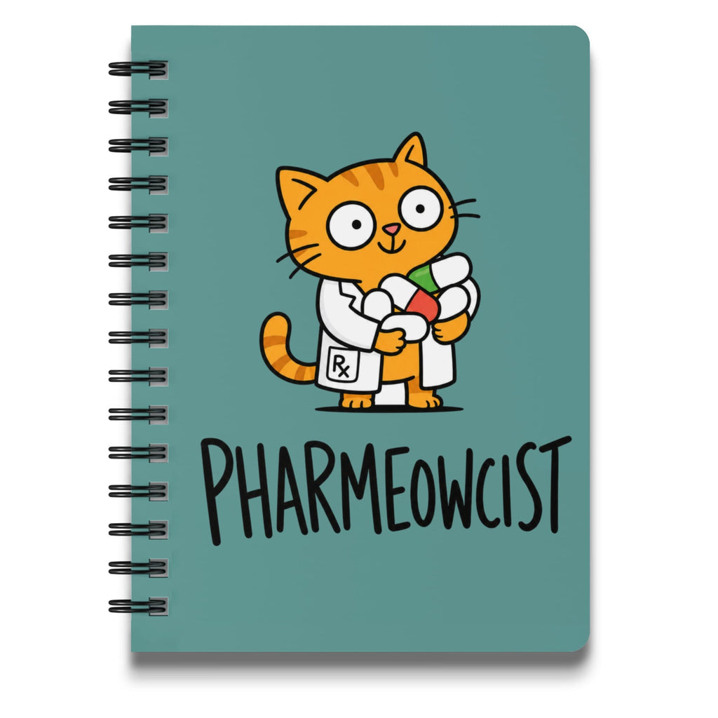 Spiral notebook with a cartoon cat wearing a lab coat holding pills, text "PHARMEOWCIST".