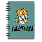 Spiral notebook with a cartoon cat wearing a lab coat holding pills, text "PHARMEOWCIST".