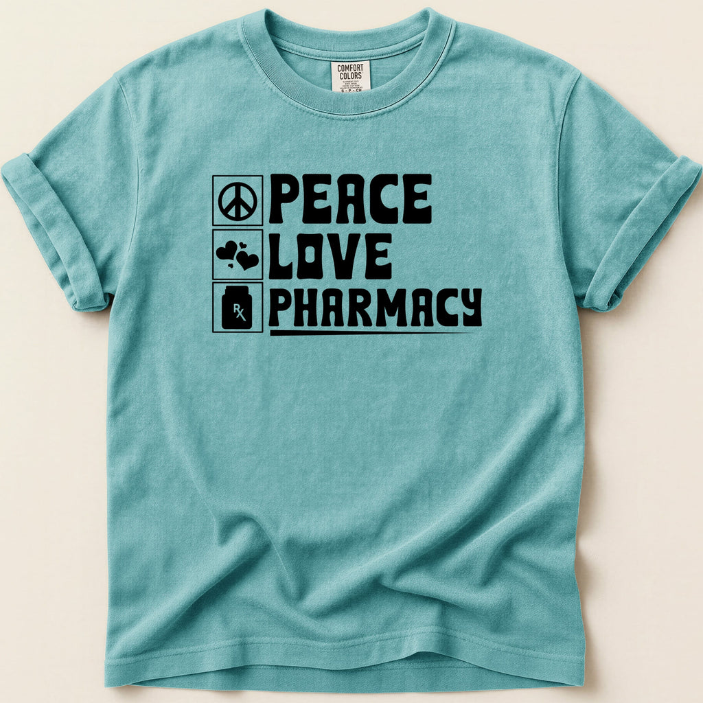 Teal t-shirt with black text "PEACE LOVE PHARMACY" and icons.
