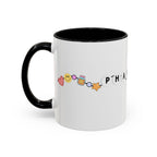 White mug with black rim featuring colorful emoji and text reading "PHAR".