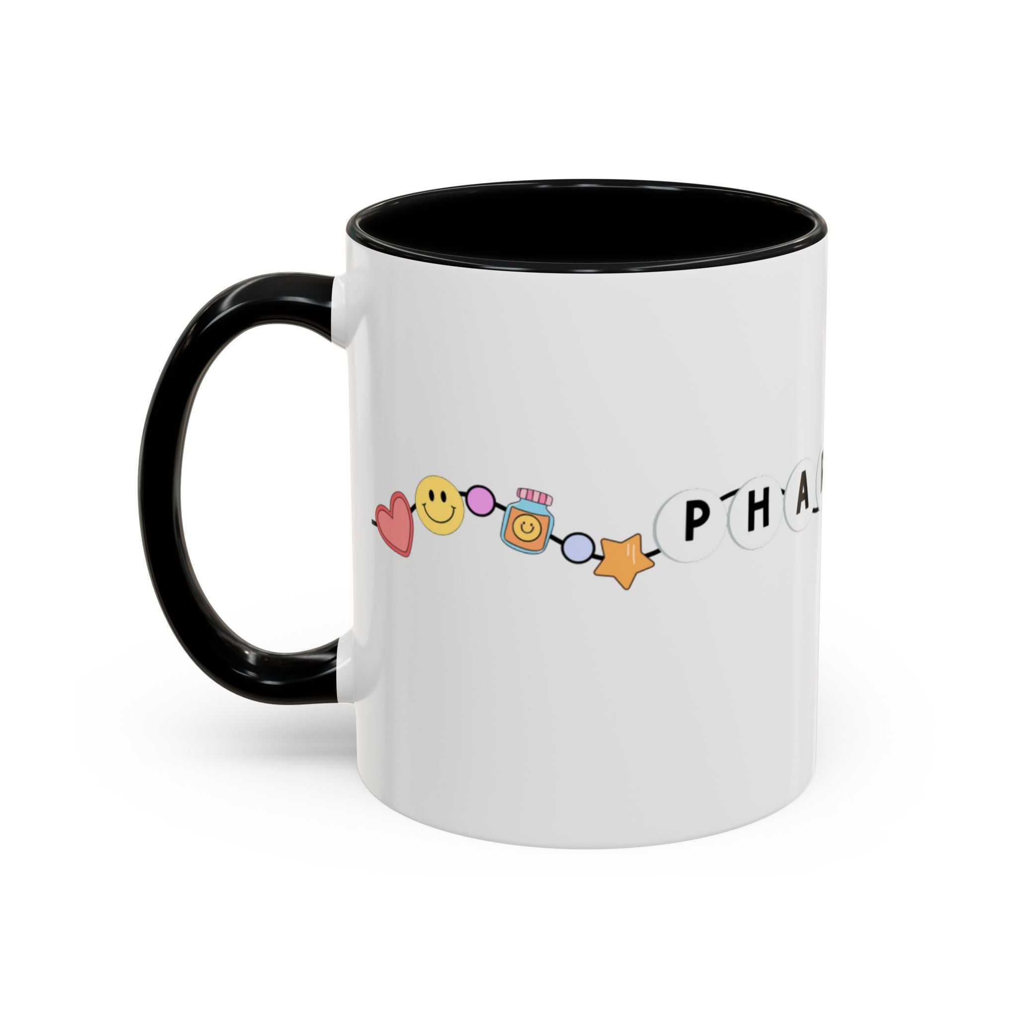 White mug with black rim featuring colorful emoji and text reading "PHAR".
