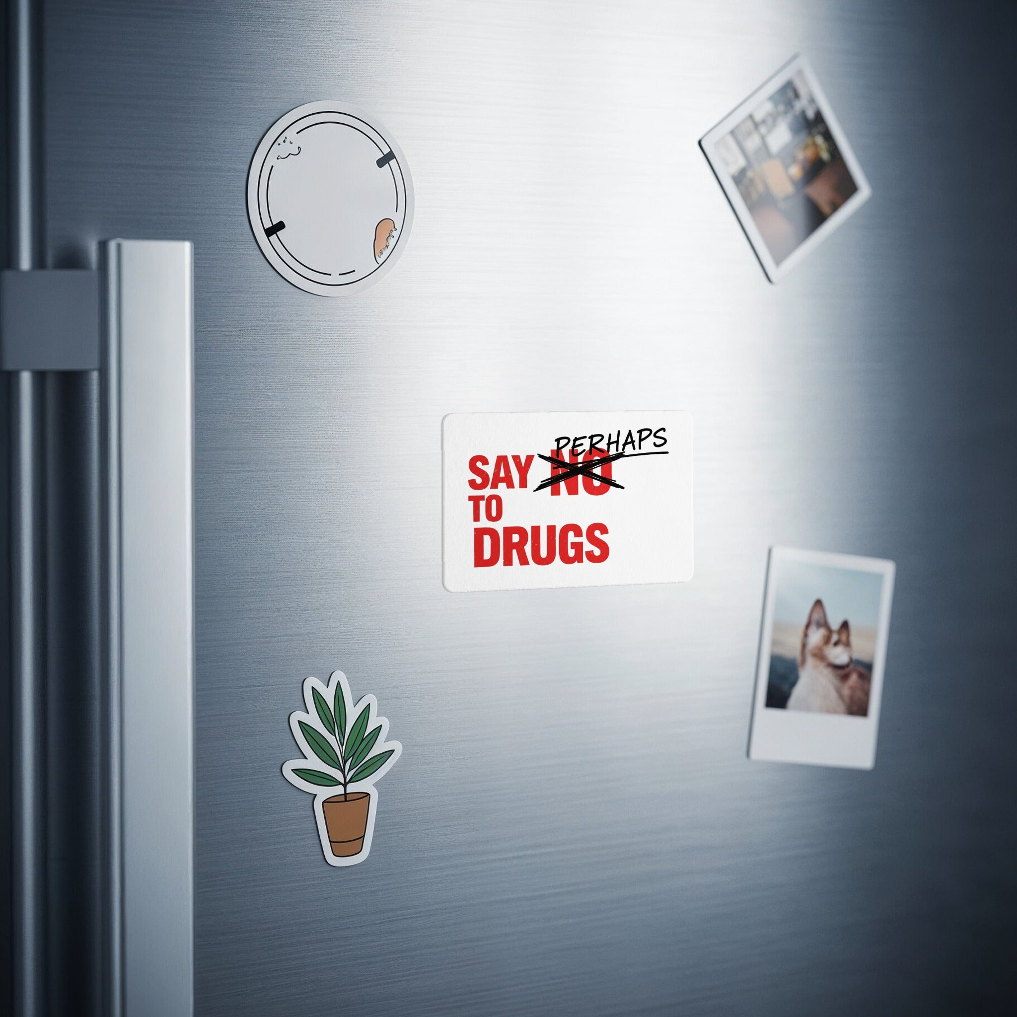Magnet on a refrigerator that says "Say No to Drugs".