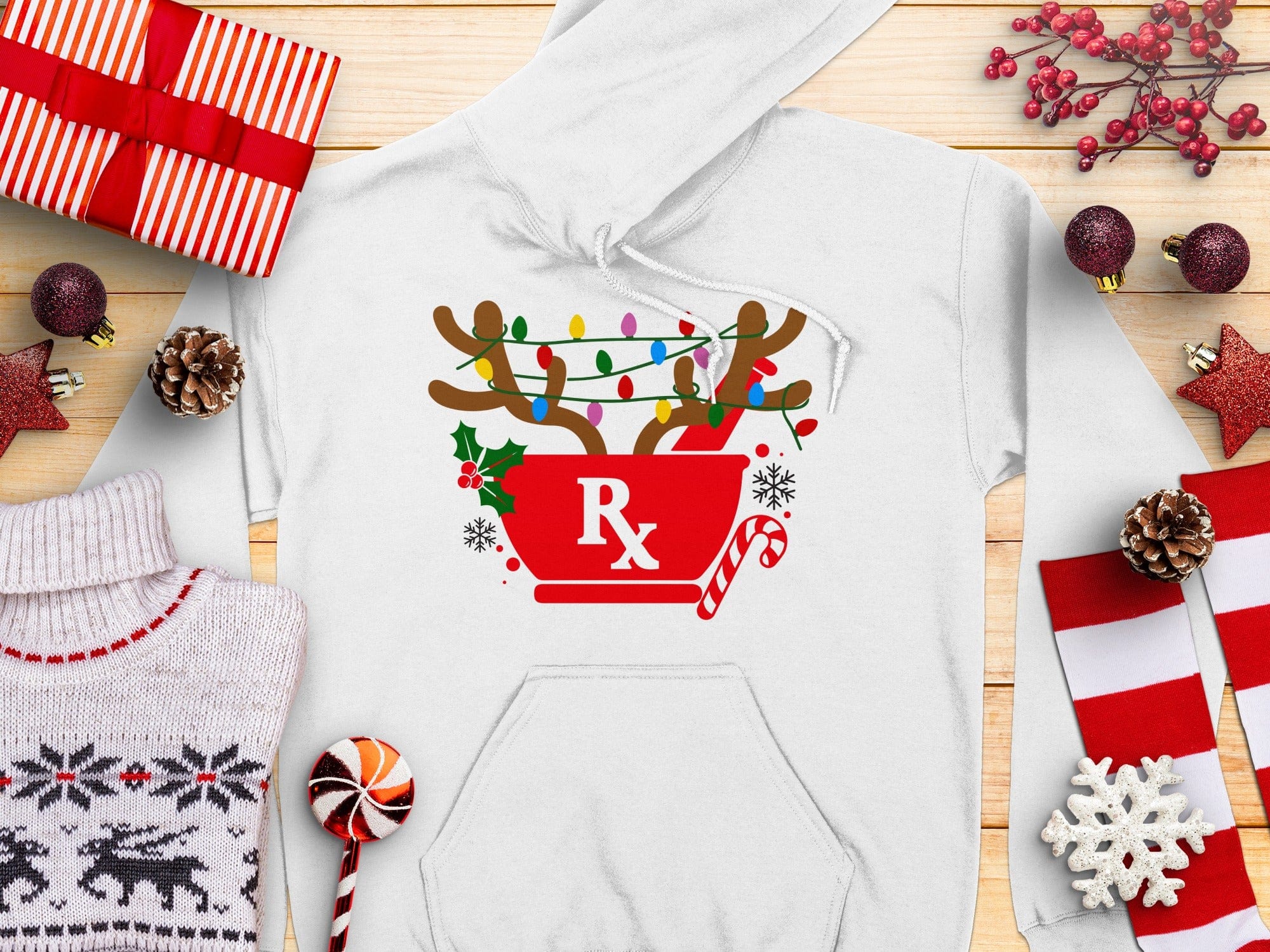Festive Reindeer Rx Design White Hooded Sweatshirt product