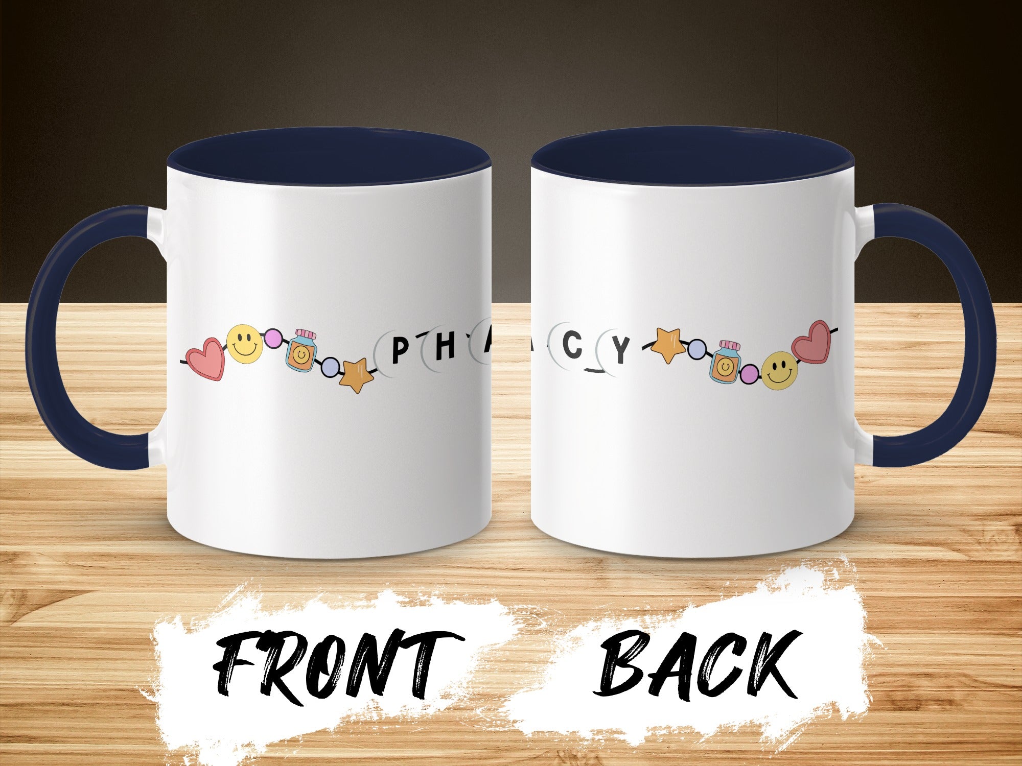 Two mugs with "PHYSICCY" text and colorful cartoon charms on navy handles.
