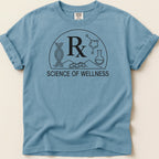 Blue t-shirt with "Science of Wellness" and molecular graphics.