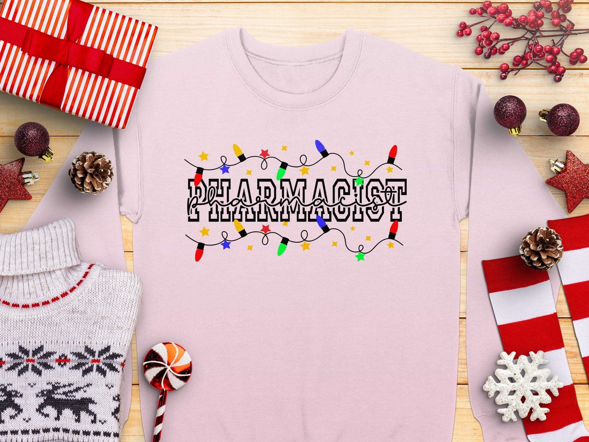 Festive Pharmacist Crew Neck with Holiday Lights Design