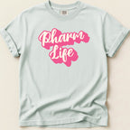 White Comfort Colors t-shirt with pink "Pharm Life" text.