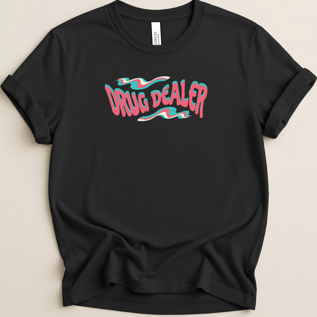 Black t-shirt with "DRUG DEALER" in wavy pink and blue text.