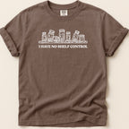 Brown t-shirt with white sketch of pill bottles and text "I HAVE NO SHELF CONTROL".