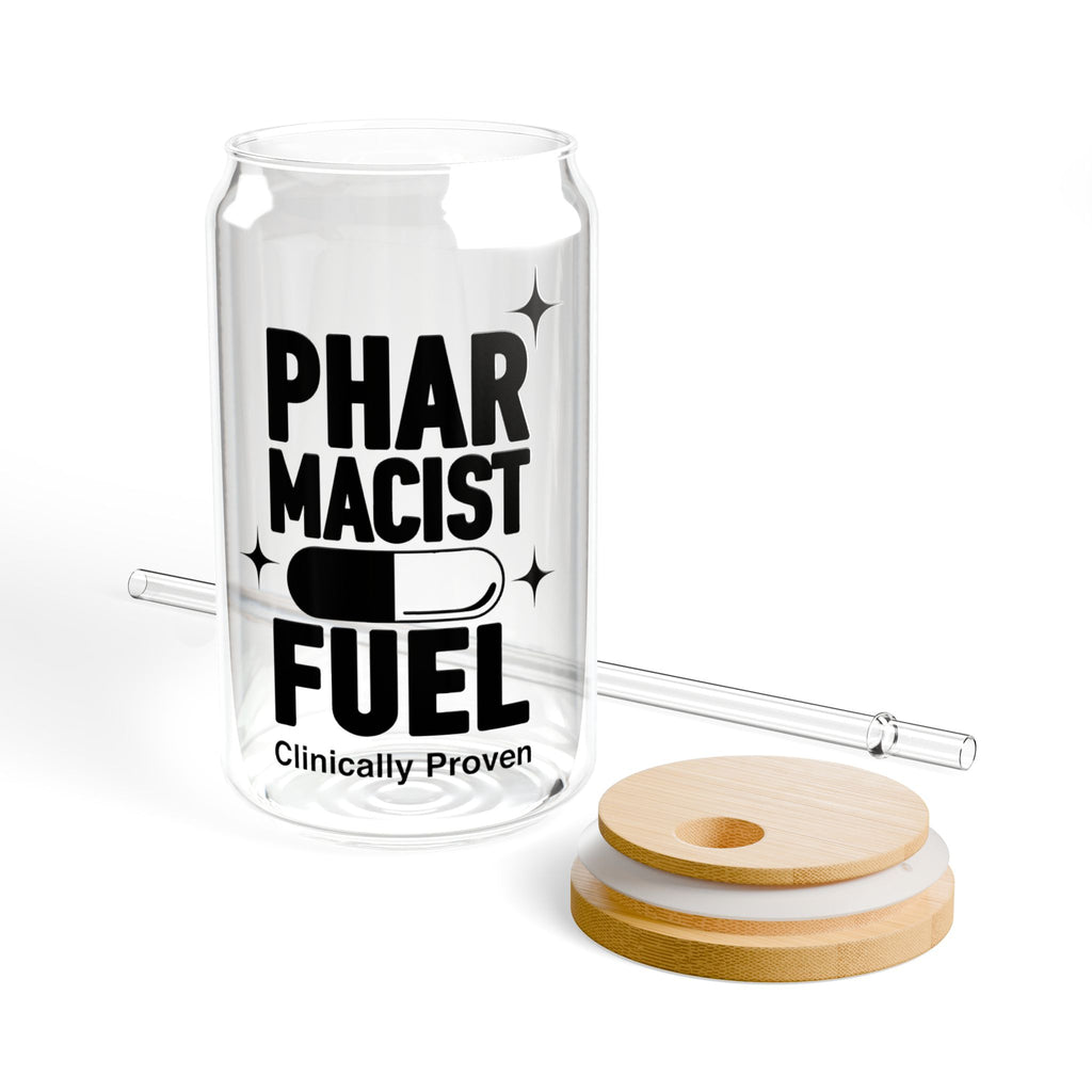 Clear glass can-shaped tumbler with "PHAR MACIST FUEL" and pill icon.