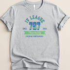 Grey t-shirt with "IV LEAGUE 797 Pharmacy PREMIUM COMPOUNDING" text.