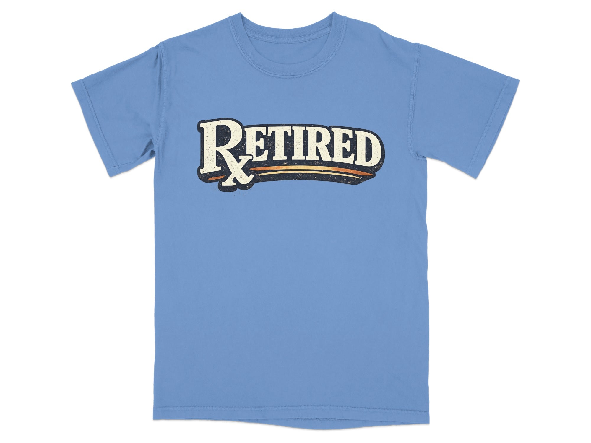 Blue t-shirt with "RETIRED" text in stylized lettering.