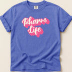 Purple t-shirt with pink "Pharm Life" text.