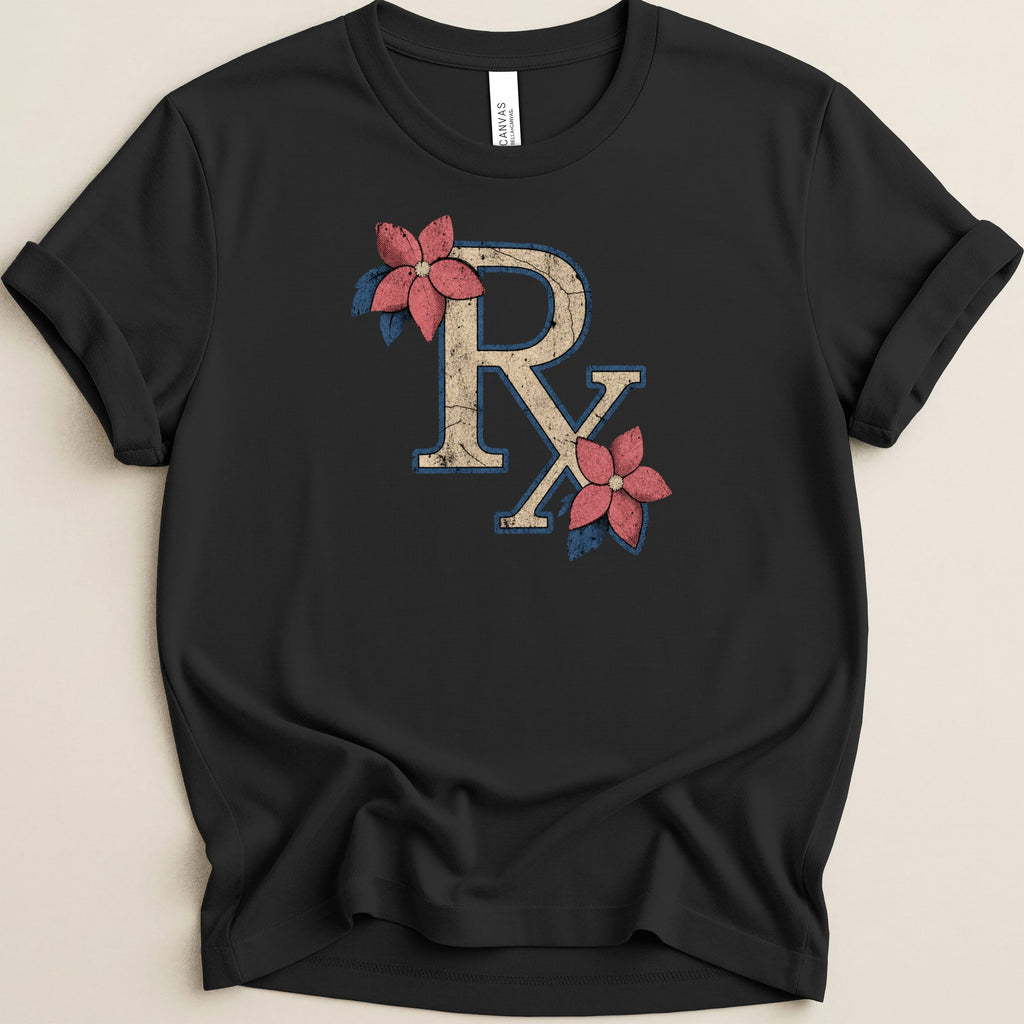 Black t-shirt with distressed Rx symbol and pink flowers design.