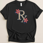 Black t-shirt with distressed Rx symbol and pink flowers design.