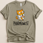 Orange cartoon cat in lab coat holds medicine with "PHARMEOWCIST" text.
