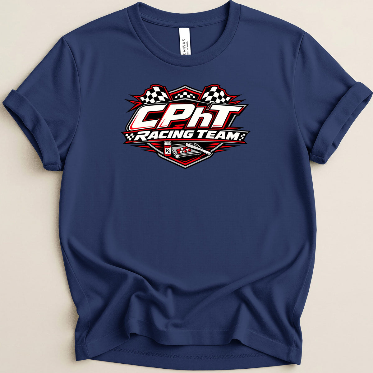 Navy t-shirt with "CPHT RACING TEAM" logo and racing checkered flags.