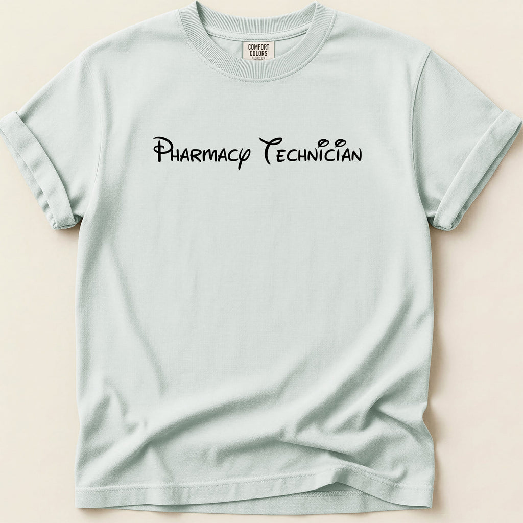 Light blue t-shirt with "Pharmacy Technician" text in black script.