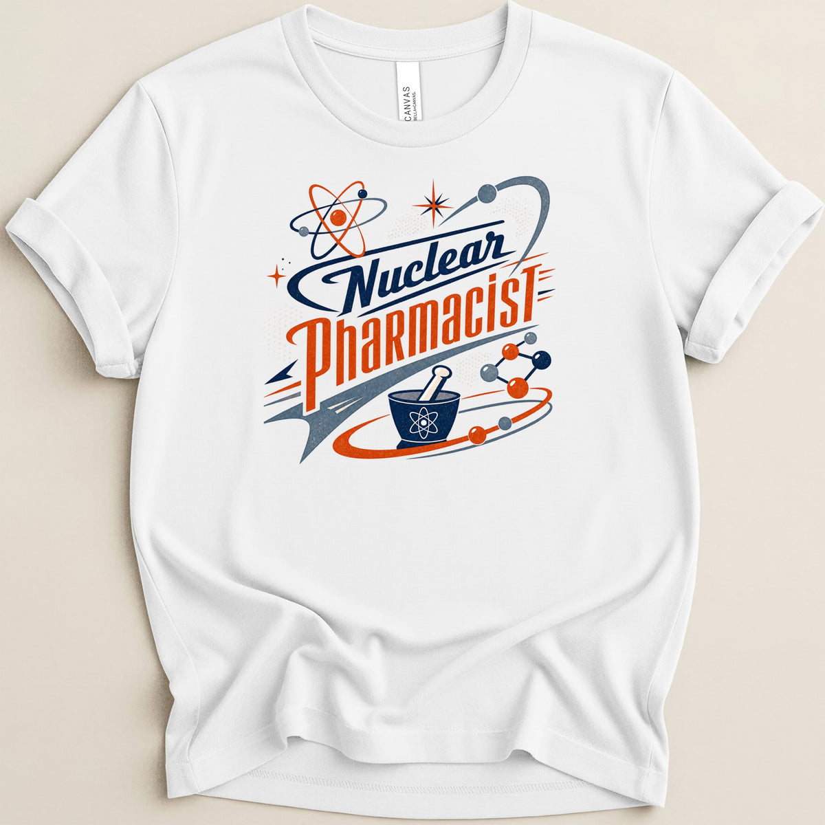 White t-shirt with "Nuclear Pharmacist" text and atomic graphics.