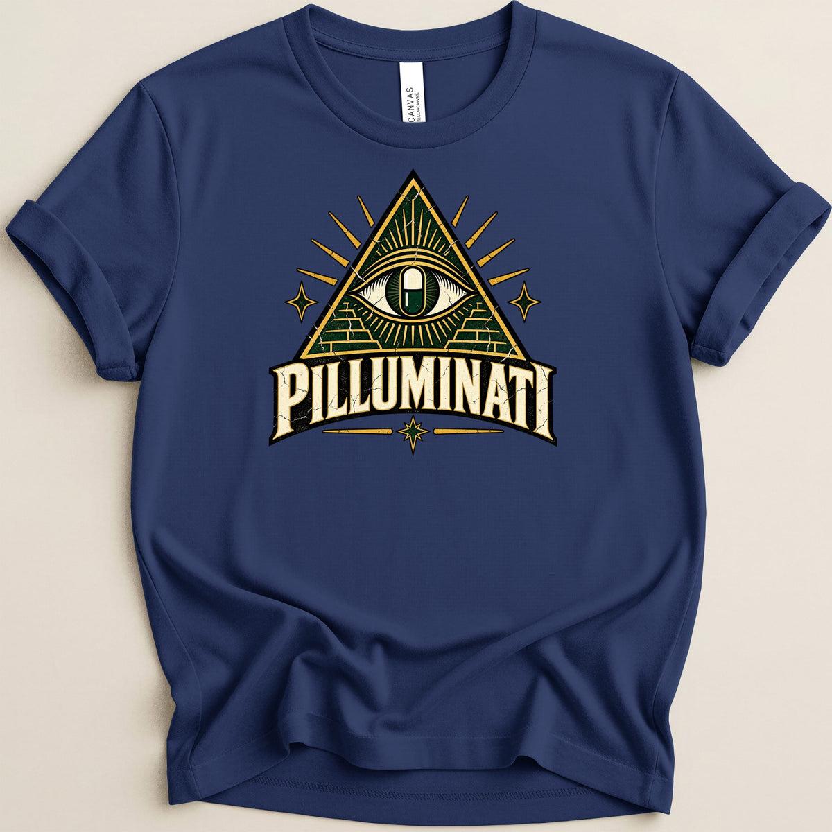 Navy t-shirt with "PILLUMINATI" text and an eye-shaped pill inside a pyramid.