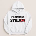 White hoodie with "PHARMACY" above "STUDENT" with a red X over "STUDENT".