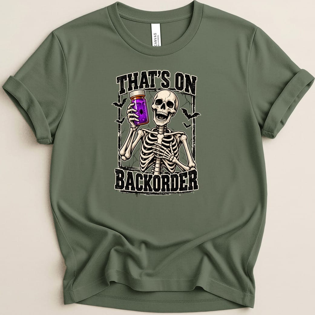 Skeleton holding purple potion bottle with text "That's on backorder".