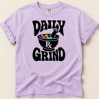 Purple t-shirt with "Daily Rx Grind" text and mortar and pestle graphic.