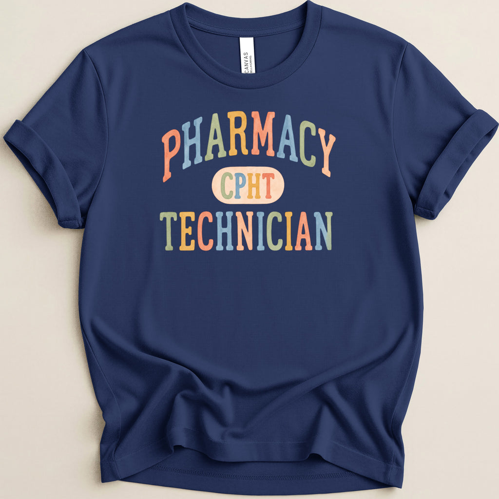 Navy t-shirt with "PHARMACY TECHNICIAN" in colorful arched text.