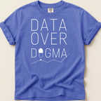 Blue t-shirt with "DATA OVER DOGMA" text and pill graphic.