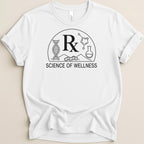 White t-shirt with a black circular logo containing DNA, a molecule, and the text "SCIENCE OF WELLNESS".