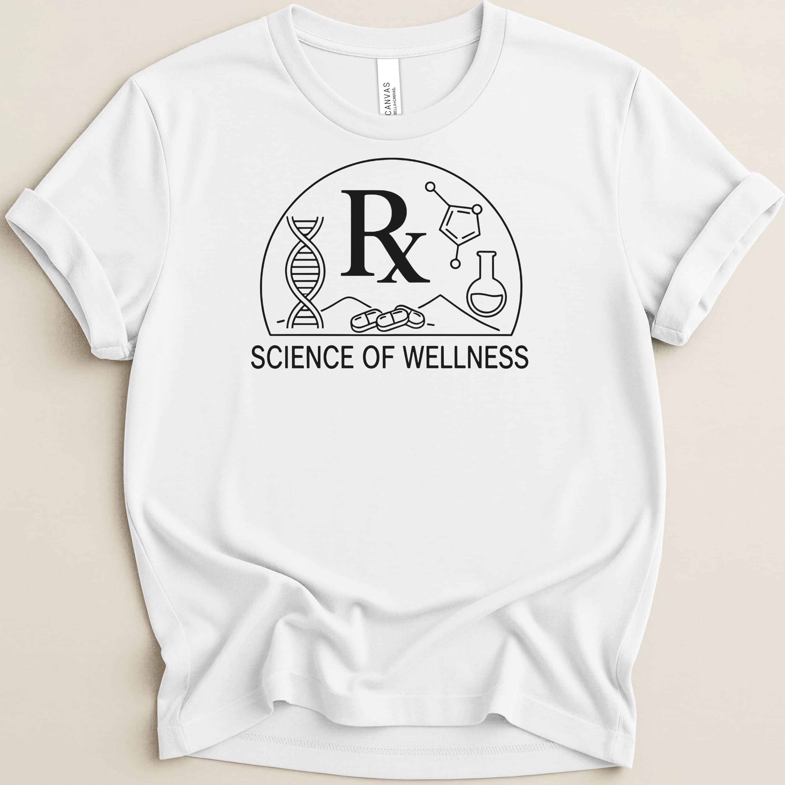 White t-shirt with a black circular logo containing DNA, a molecule, and the text "SCIENCE OF WELLNESS".