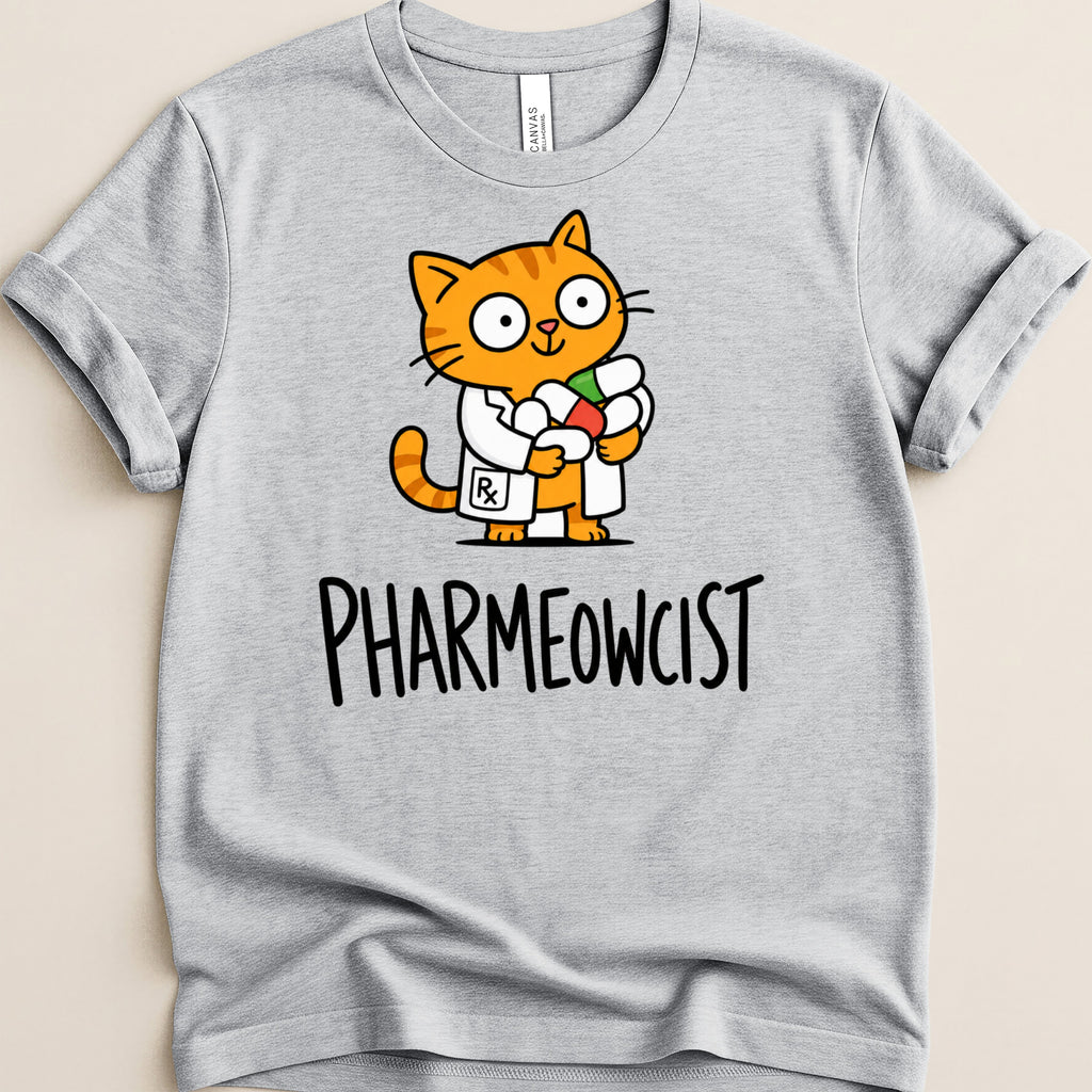 Gray t-shirt with cartoon cat in a lab coat holding pills and the text "PHARMEOWCIST".