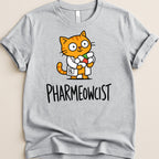 Gray t-shirt with cartoon cat in a lab coat holding pills and the text "PHARMEOWCIST".