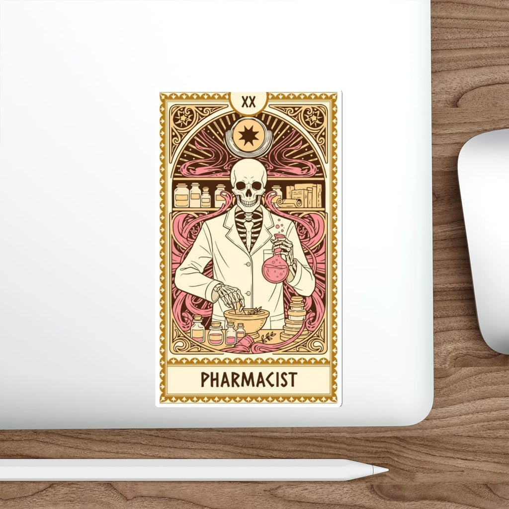 Skeleton pharmacist wearing a lab coat mixing potions with vials and bottles.